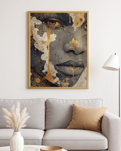 Luxe portrait decor with intricate line details, painterly texture, and bold gold highlights across a stylized face