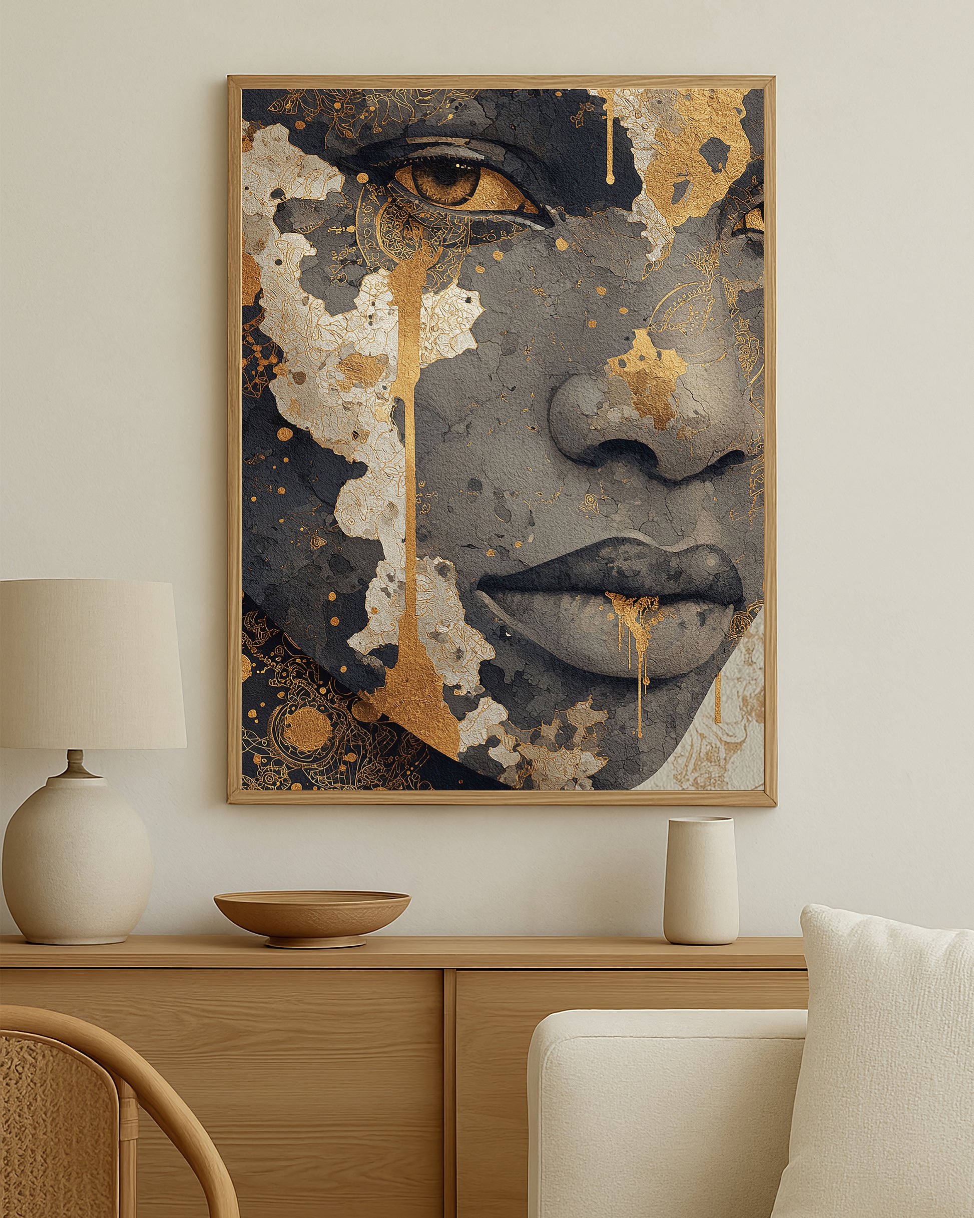 Modern feminine wall art with layered abstract elements, charcoal tones, and luminous gold decorative detailing