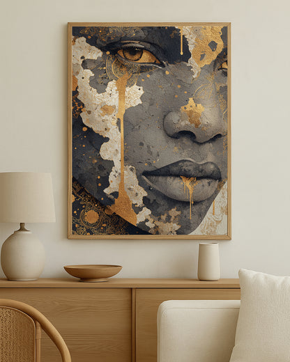 Modern feminine wall art with layered abstract elements, charcoal tones, and luminous gold decorative detailing