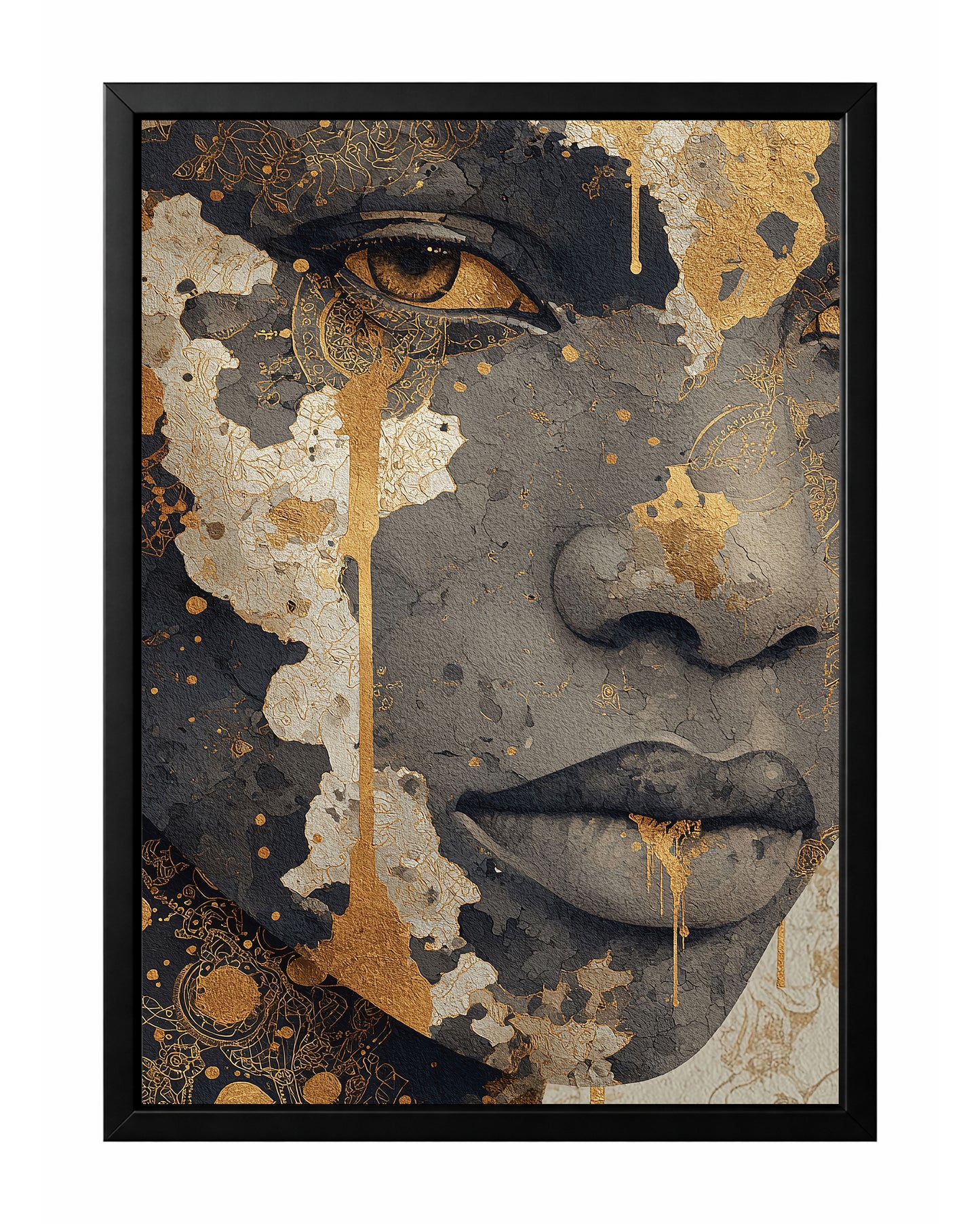 Gold abstract face portrait wall art with a close-up feminine face layered in charcoal, ivory, and metallic-style gold textures