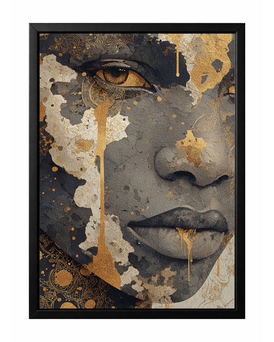 Gold abstract face portrait wall art with a close-up feminine face layered in charcoal, ivory, and metallic-style gold textures