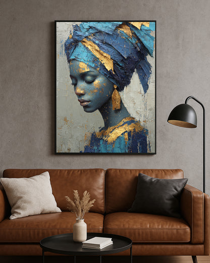 Elegant portrait artwork featuring a woman with closed eyes, gold earring, and rich cobalt blue textured styling