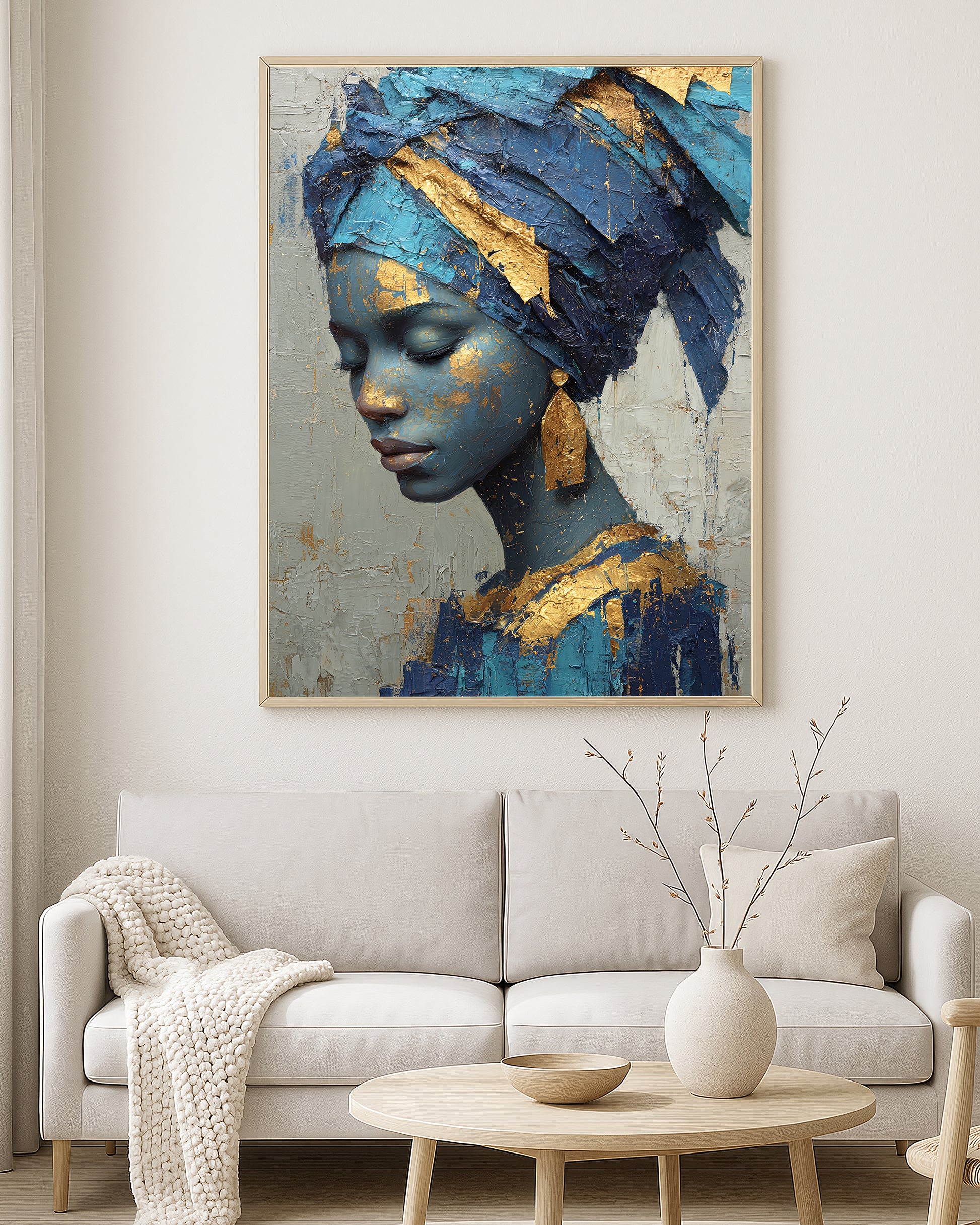Contemporary wall art print showing a feminine profile in deep blue, turquoise, ivory, and metallic-style gold tones