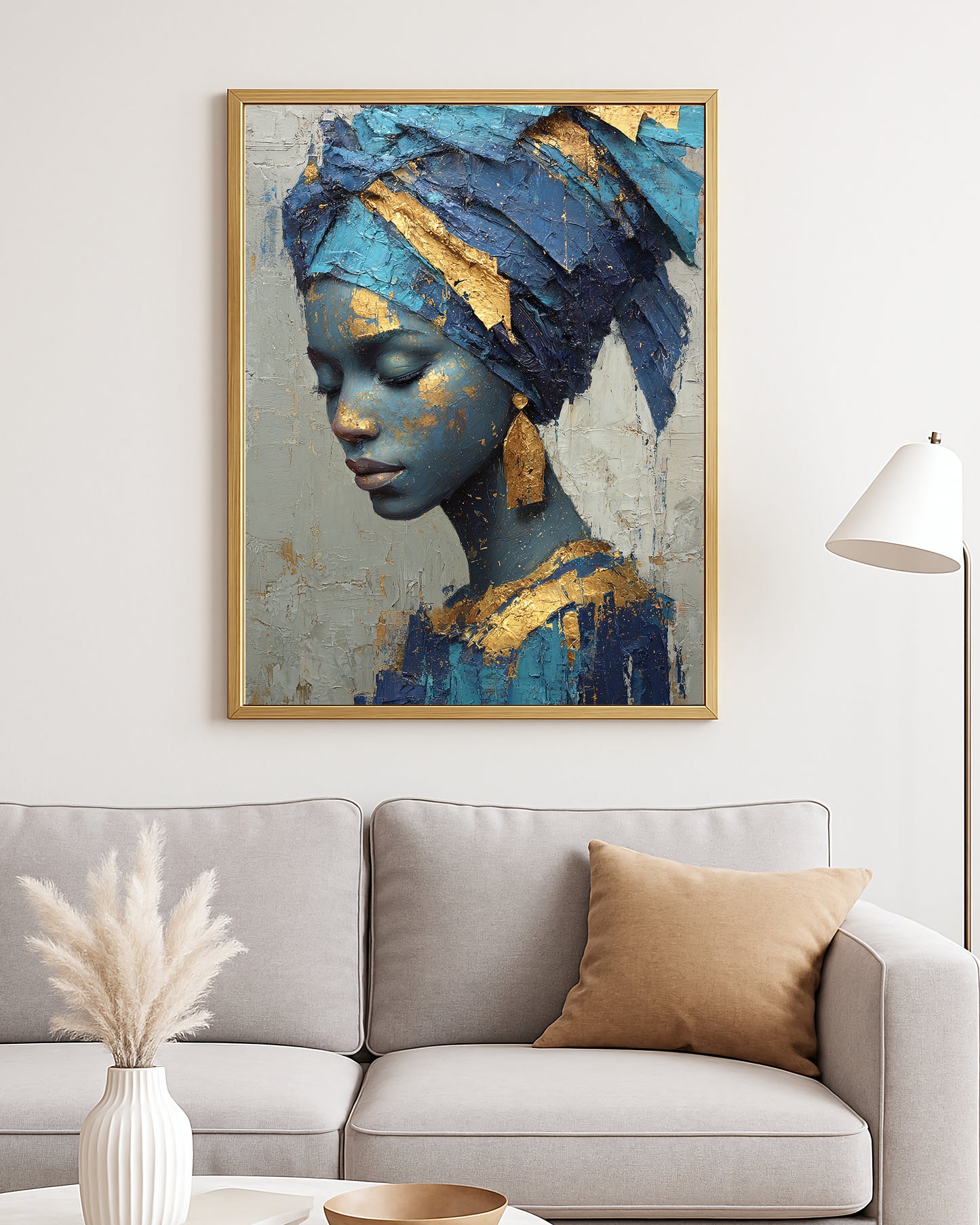 Luxe portrait decor with a woman in a wrapped headscarf against a textured neutral abstract backdrop