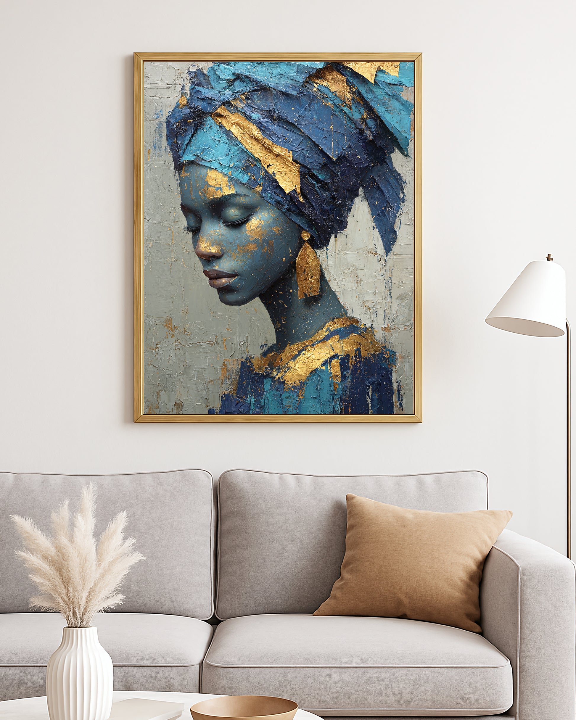 Luxe portrait decor with a woman in a wrapped headscarf against a textured neutral abstract backdrop