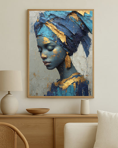 Cultural-inspired feminine wall art with sculptural texture, luminous gold details, and a refined modern composition