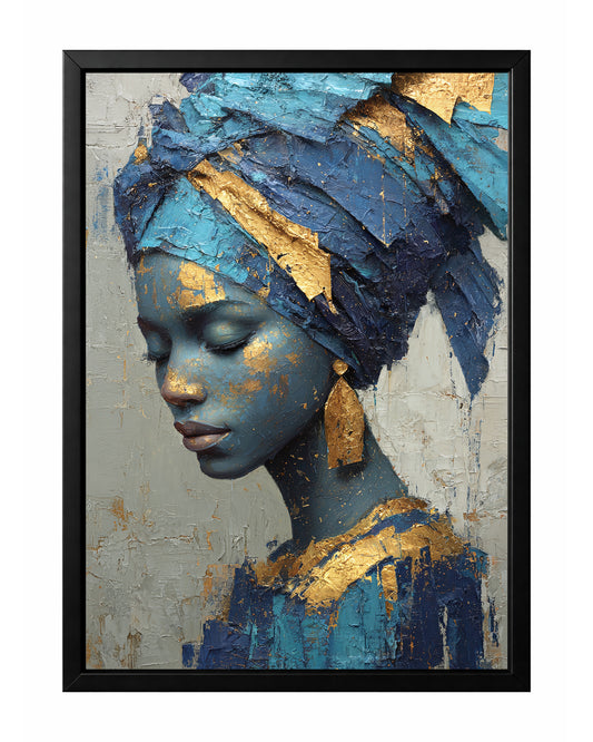 Blue gold African portrait wall art with a woman in side profile wearing a sculptural blue headwrap and gold accents
