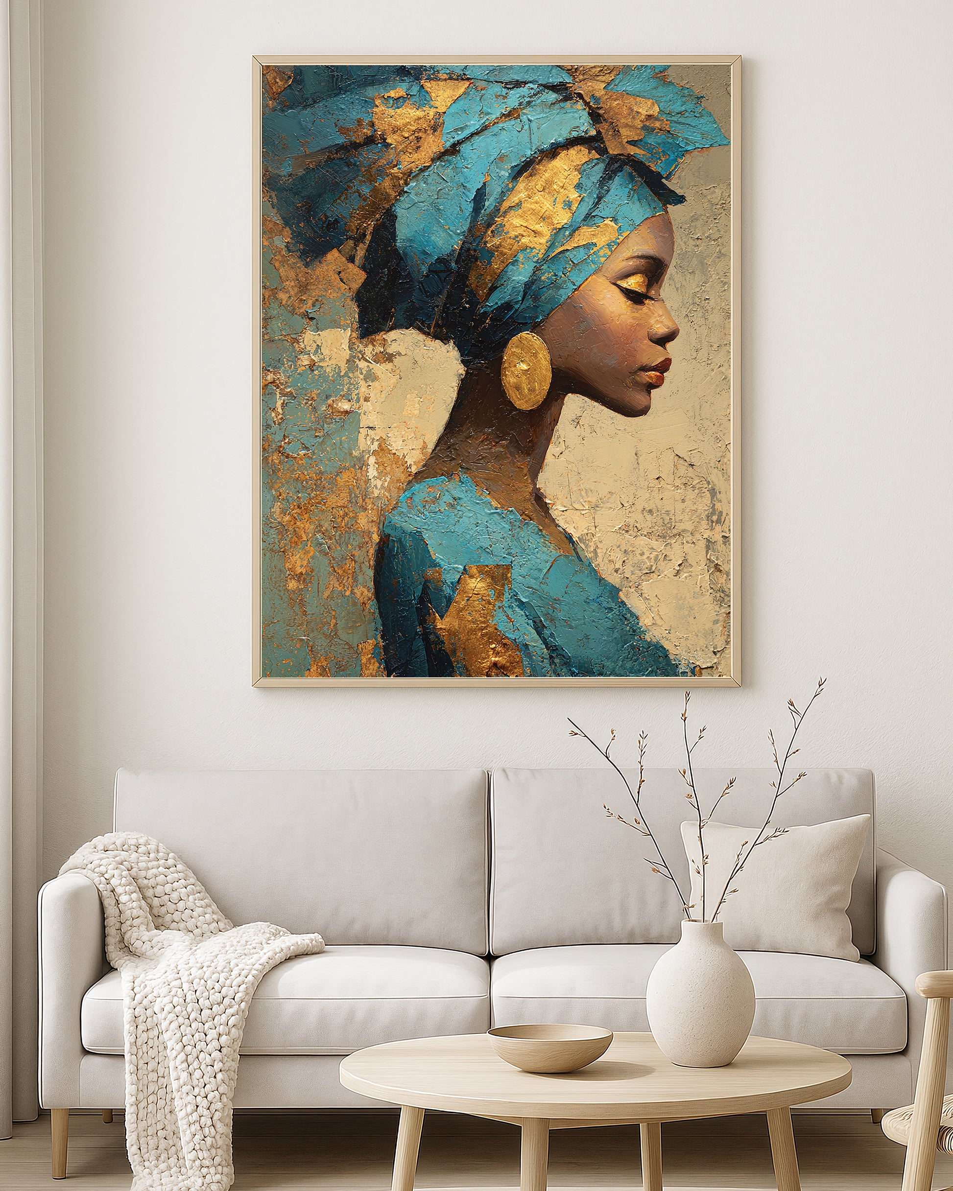 Contemporary wall art print showing a feminine profile in deep blue, turquoise, ivory, bronze, and gold textured tones