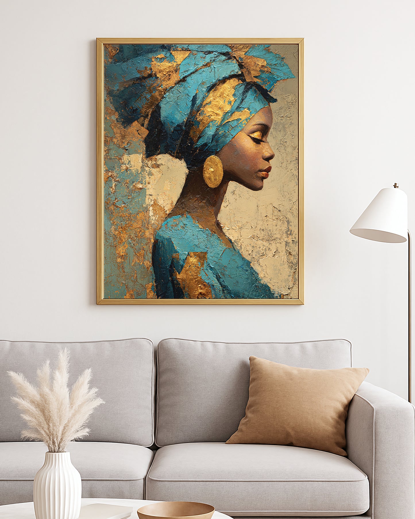 Luxe portrait decor with a woman in a wrapped headscarf against a textured neutral abstract backdrop