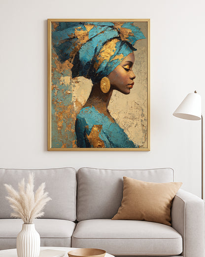 Luxe portrait decor with a woman in a wrapped headscarf against a textured neutral abstract backdrop