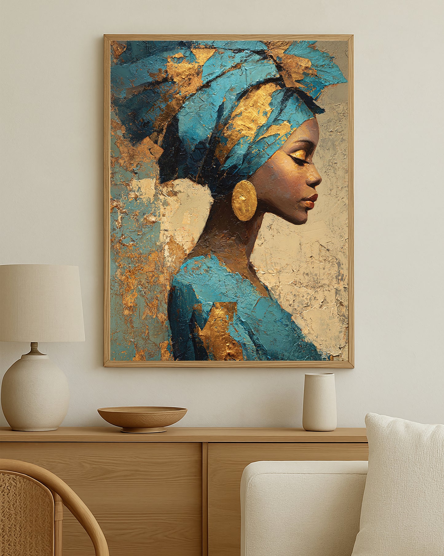 Cultural-inspired feminine wall art with sculptural texture, luminous gold details, and a refined modern composition