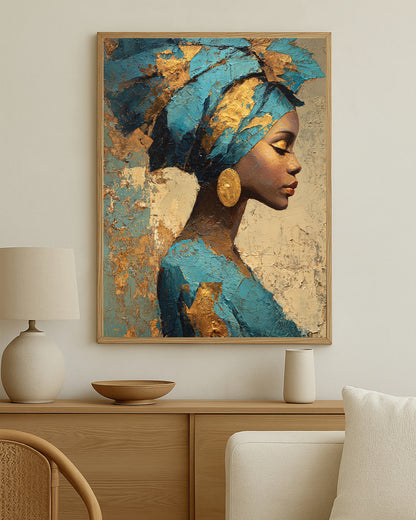 Cultural-inspired feminine wall art with sculptural texture, luminous gold details, and a refined modern composition