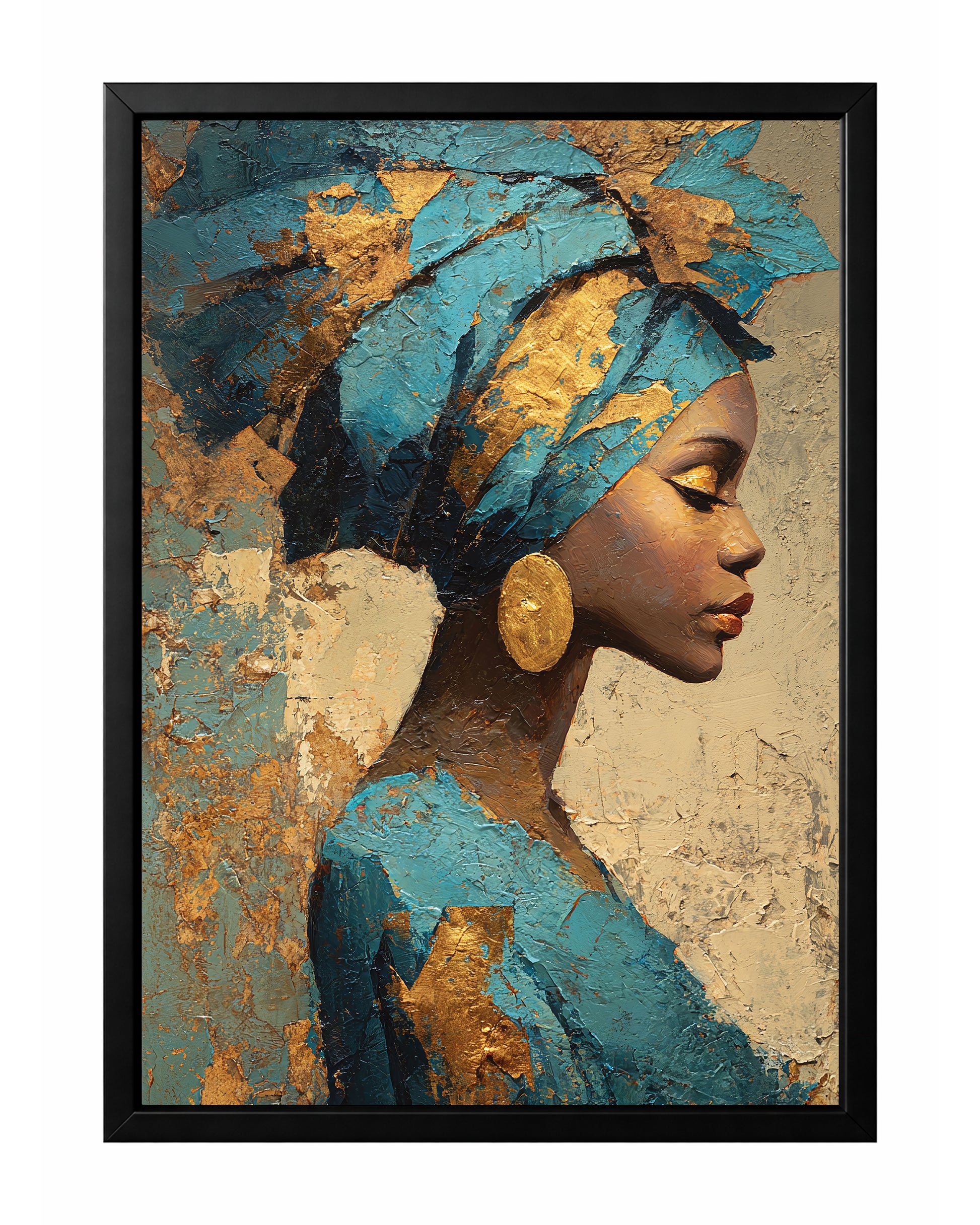 Blue gold African portrait wall art with a woman in side profile wearing a sculptural blue headwrap and oversized gold earring