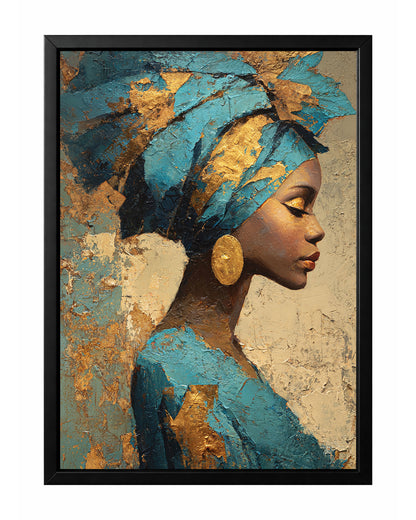 Blue gold African portrait wall art with a woman in side profile wearing a sculptural blue headwrap and oversized gold earring