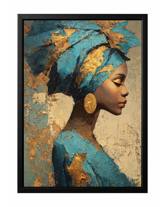 Blue gold African portrait wall art with a woman in side profile wearing a sculptural blue headwrap and oversized gold earring