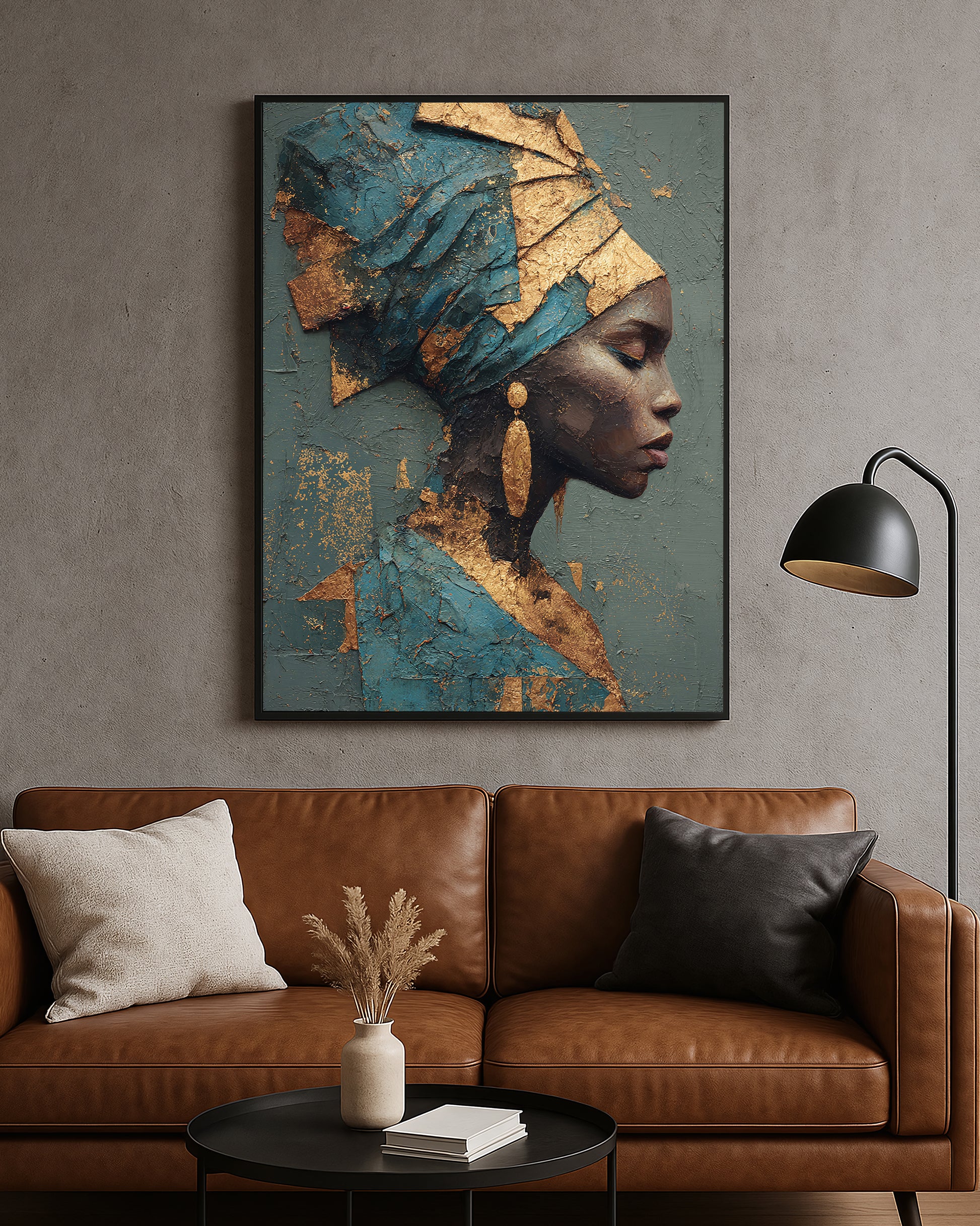 Elegant portrait artwork featuring a woman with closed eyes, gold earring, and rich cobalt blue textured styling