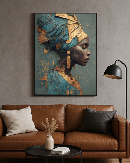 Elegant portrait artwork featuring a woman with closed eyes, gold earring, and rich cobalt blue textured styling