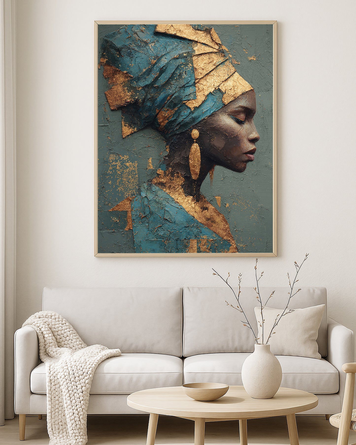 Contemporary wall art print showing a feminine profile in deep blue, teal, charcoal, bronze, and gold textured tones