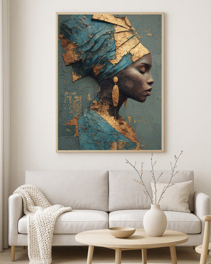 Contemporary wall art print showing a feminine profile in deep blue, teal, charcoal, bronze, and gold textured tones