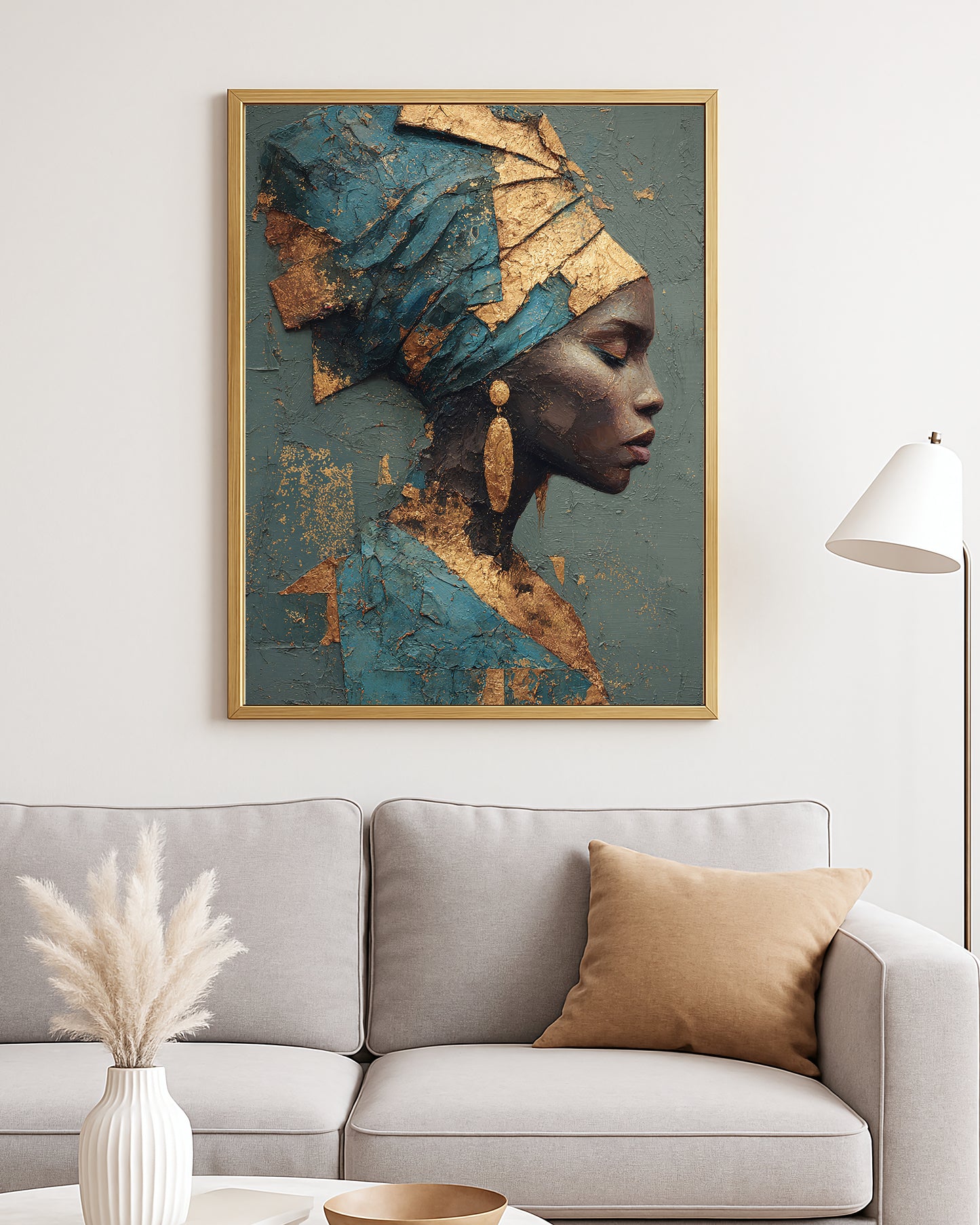 Luxe portrait decor with a woman in a wrapped headscarf against a muted textured abstract backdrop