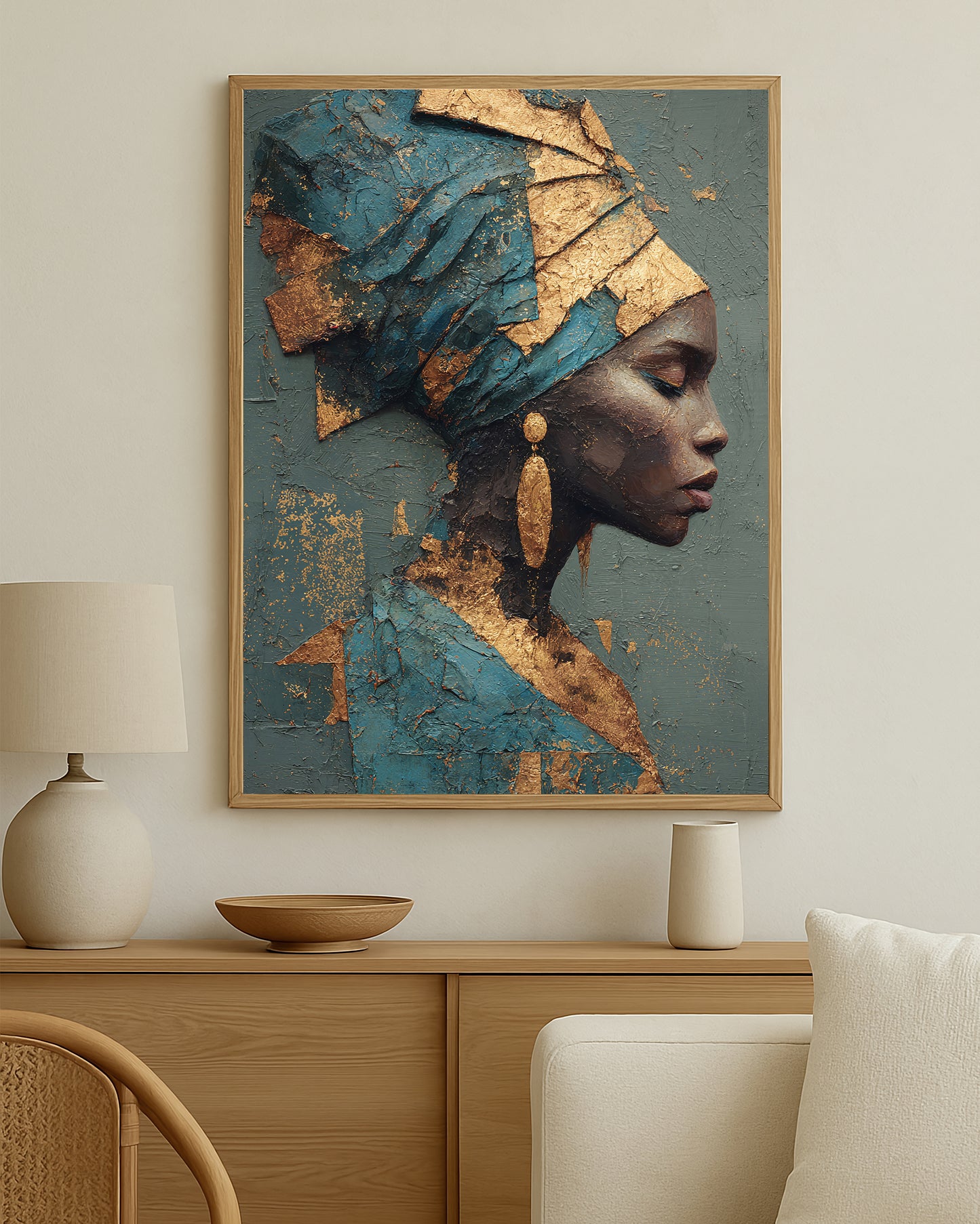 Cultural-inspired feminine wall art with sculptural texture, luminous gold details, and a refined modern composition