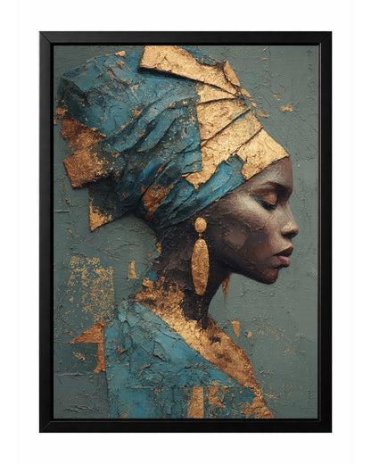 Blue gold African portrait wall art with a woman in side profile wearing a sculptural blue and gold headwrap