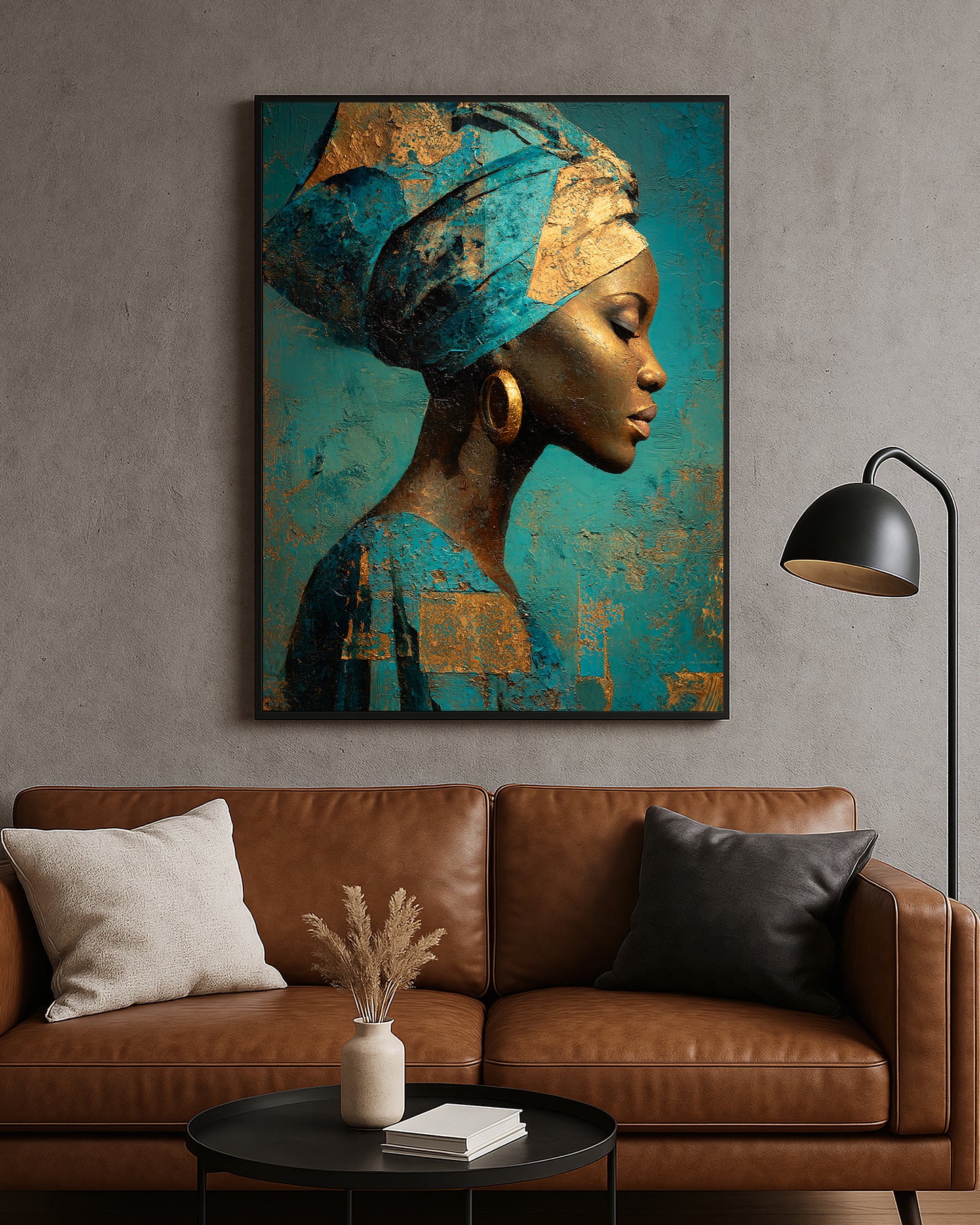 Elegant portrait artwork featuring a woman with closed eyes and rich cobalt blue textured styling with metallic-style gold accents