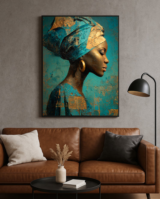 Elegant portrait artwork featuring a woman with closed eyes and rich cobalt blue textured styling with metallic-style gold accents