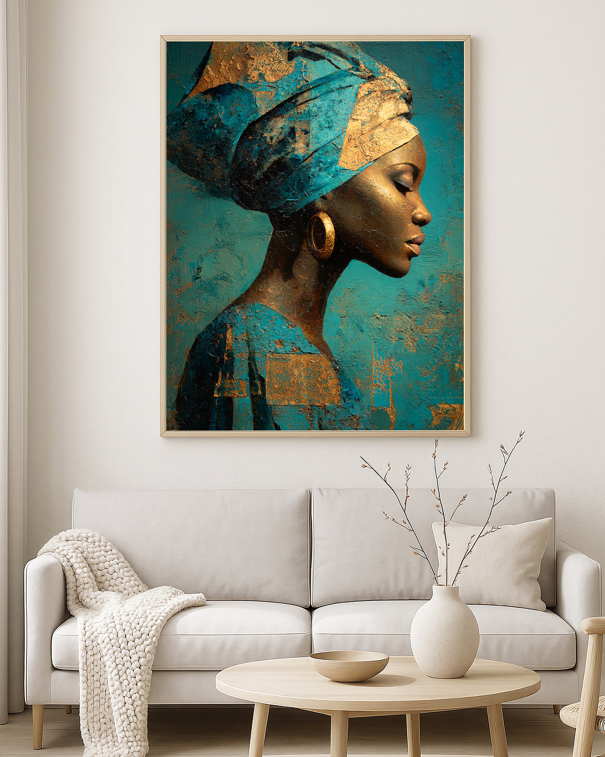 Contemporary wall art print showing a feminine profile in deep blue, turquoise, teal, bronze, and gold textured tones