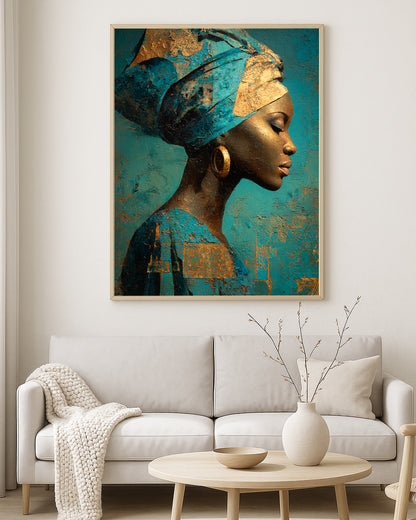 Contemporary wall art print showing a feminine profile in deep blue, turquoise, teal, bronze, and gold textured tones