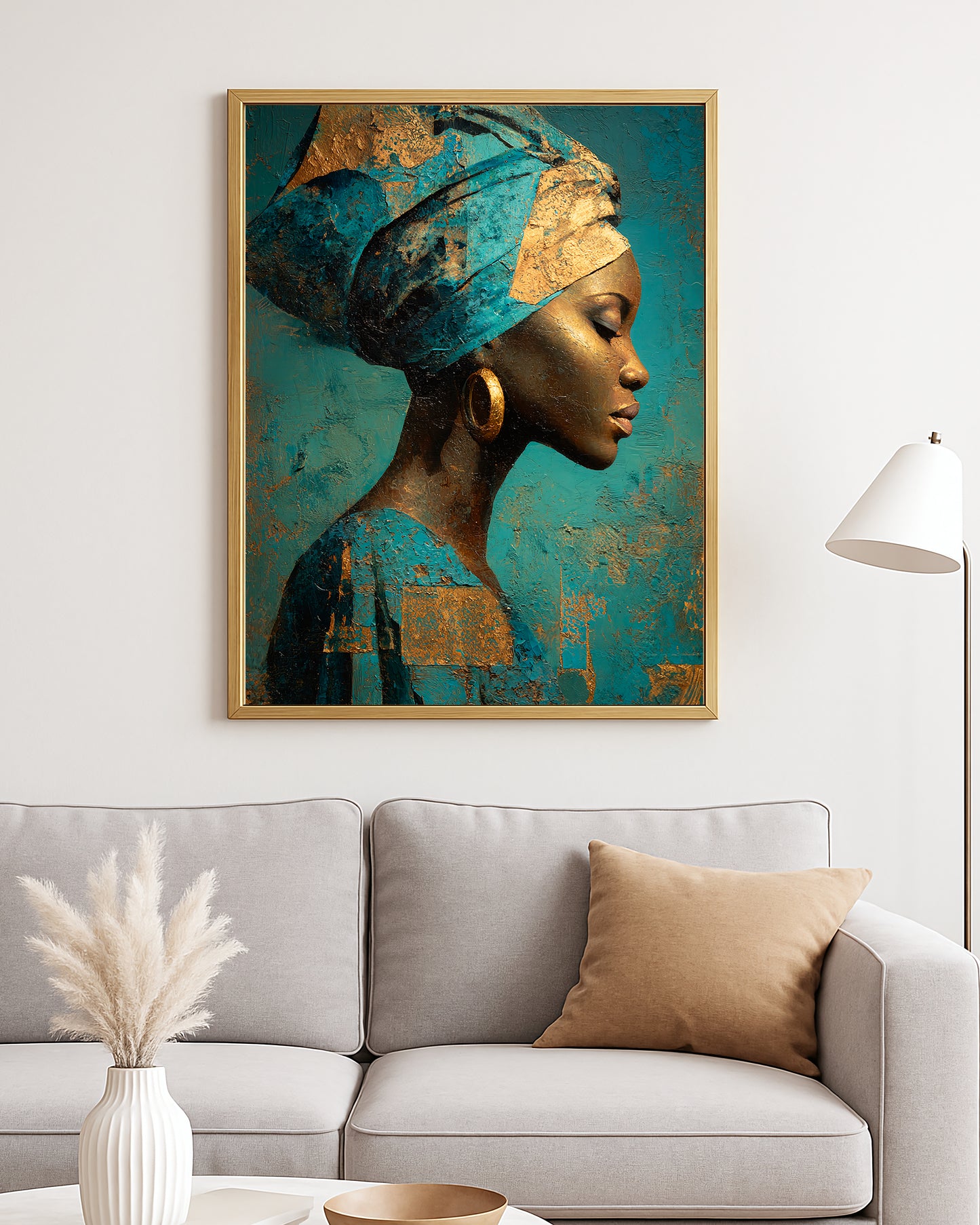 Luxe portrait decor with a woman in a wrapped headscarf against a richly textured teal abstract backdrop