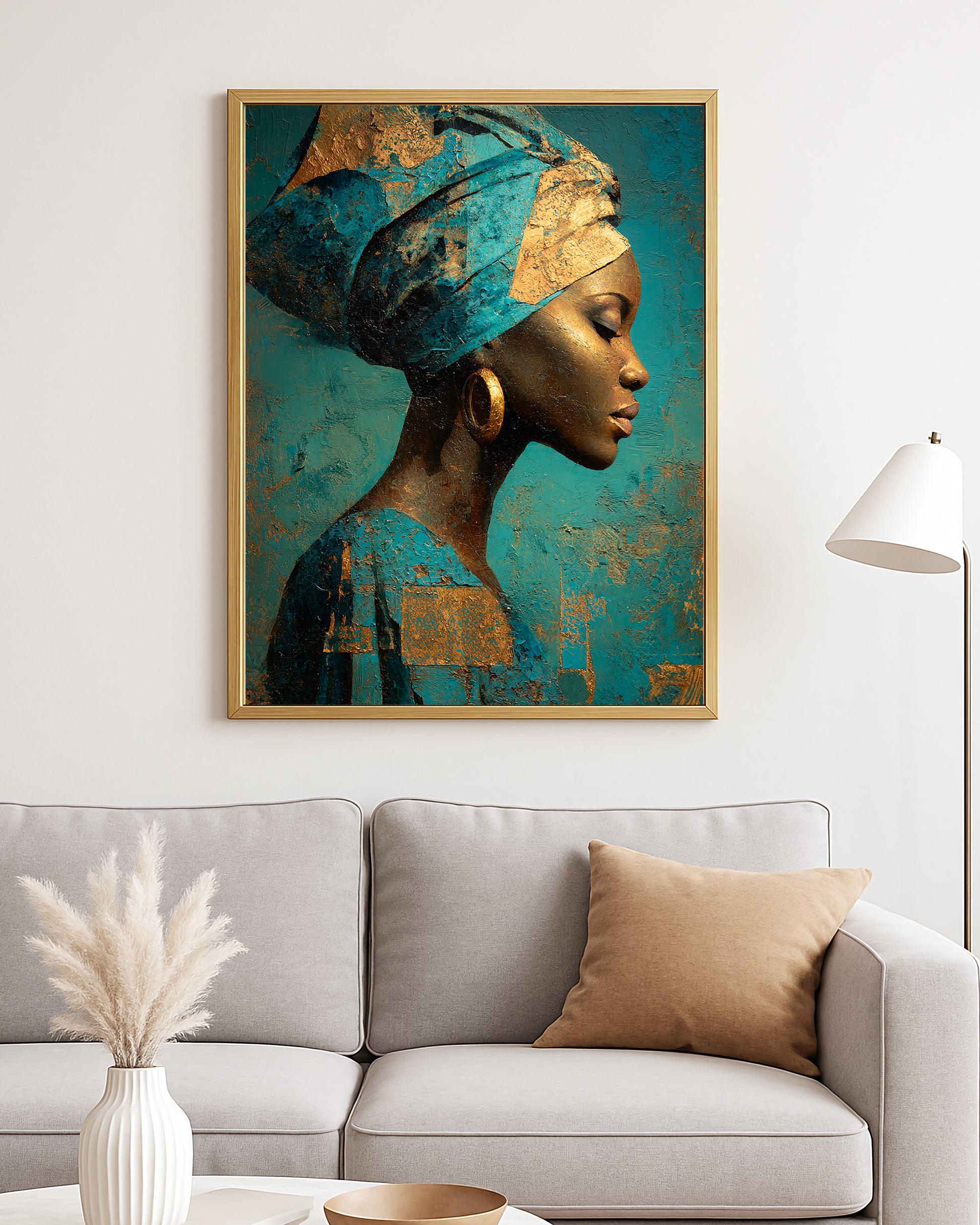 Luxe portrait decor with a woman in a wrapped headscarf against a richly textured teal abstract backdrop