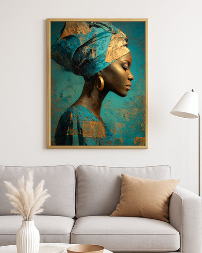 Luxe portrait decor with a woman in a wrapped headscarf against a richly textured teal abstract backdrop