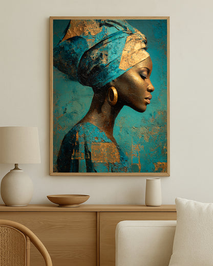 Cultural-inspired feminine wall art with sculptural texture, luminous gold details, and a refined modern composition