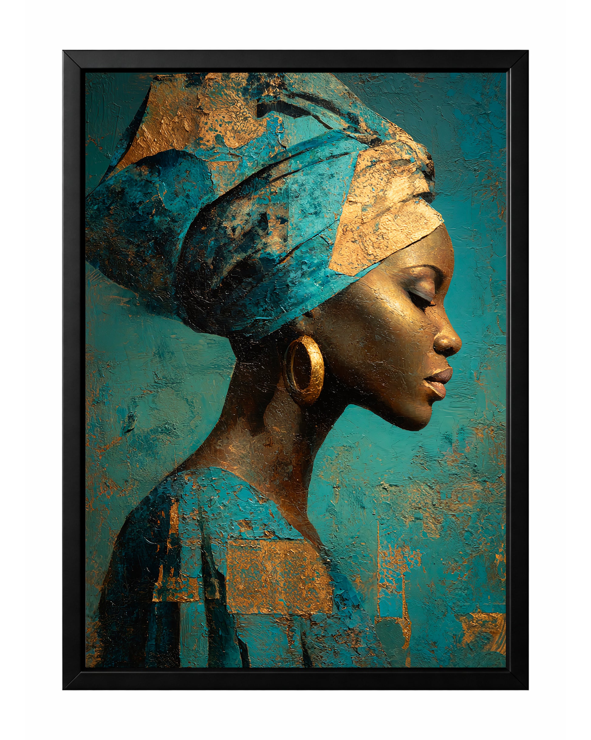 Blue gold African portrait wall art with a woman in side profile wearing a sculptural blue headwrap and gold hoop earring