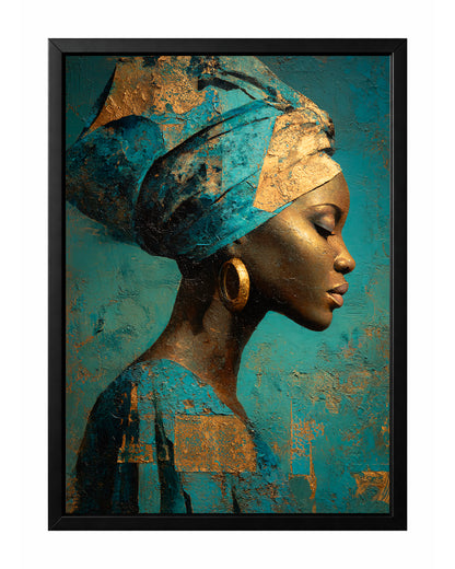 Blue gold African portrait wall art with a woman in side profile wearing a sculptural blue headwrap and gold hoop earring