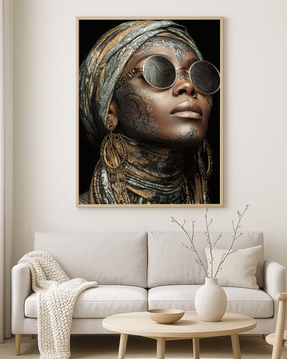 Fashion portrait artwork featuring a woman with metallic-style facial details, oversized circular sunglasses, and dramatic statement accessories