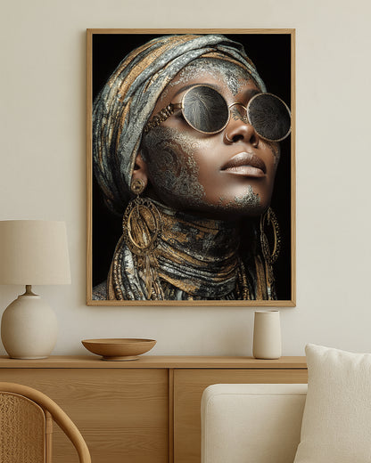 Modern bohemian wall art print with layered headwrap textures, large earrings, and reflective round glasses against a dark background