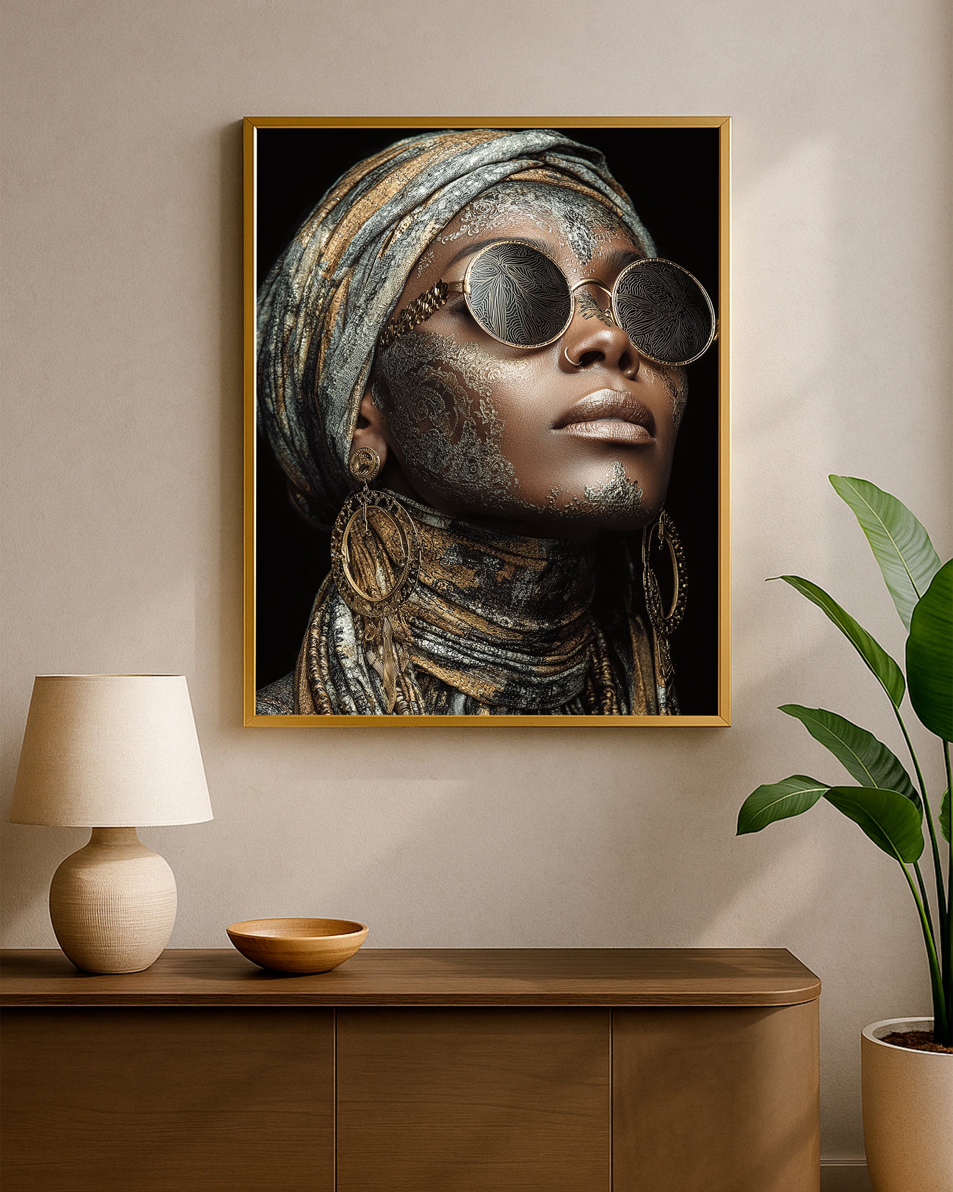 Contemporary portrait decor showing a woman with gold-toned skin accents, patterned sunglasses, and elegant boho styling