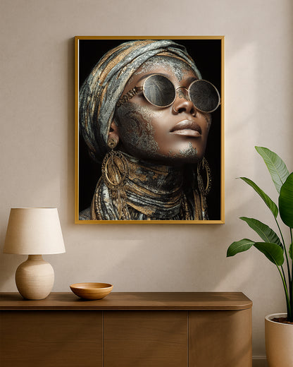 Contemporary portrait decor showing a woman with gold-toned skin accents, patterned sunglasses, and elegant boho styling