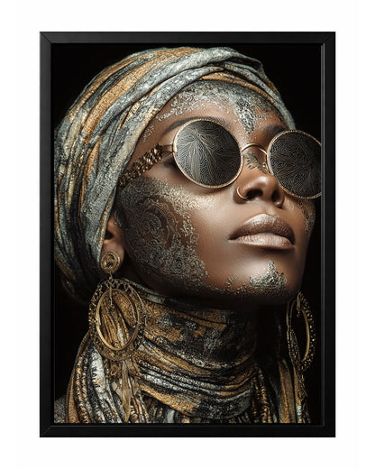 Boho glam woman portrait wall art with round sunglasses, ornate earrings, and a richly textured gold and black headwrap