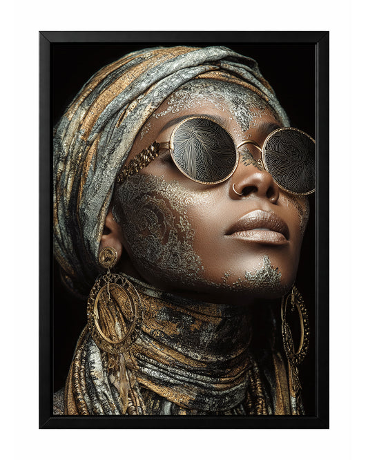 Boho glam woman portrait wall art with round sunglasses, ornate earrings, and a richly textured gold and black headwrap