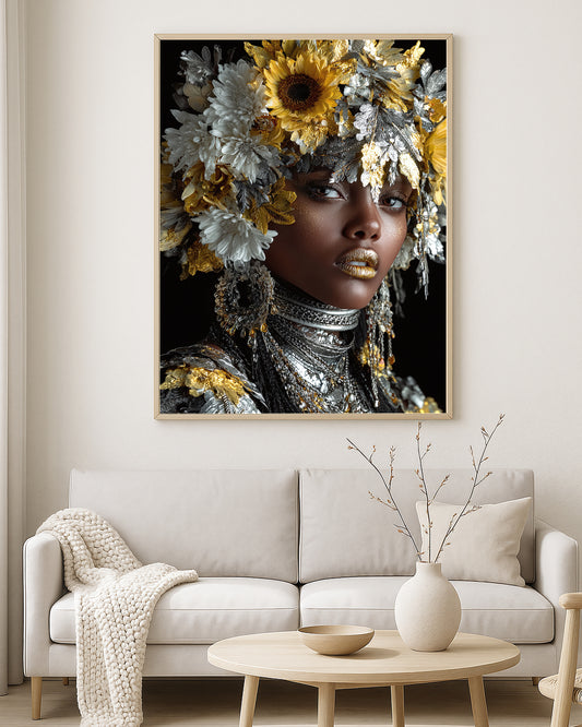 Fashion portrait artwork featuring a woman with an elaborate floral crown, layered silver jewelry, and shimmering gold lipstick