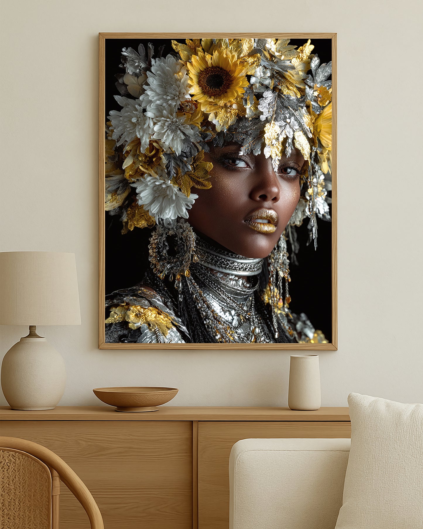 Botanical glam wall art print showing a close-up woman portrait framed by sunflowers, white blossoms, and metallic silver foliage