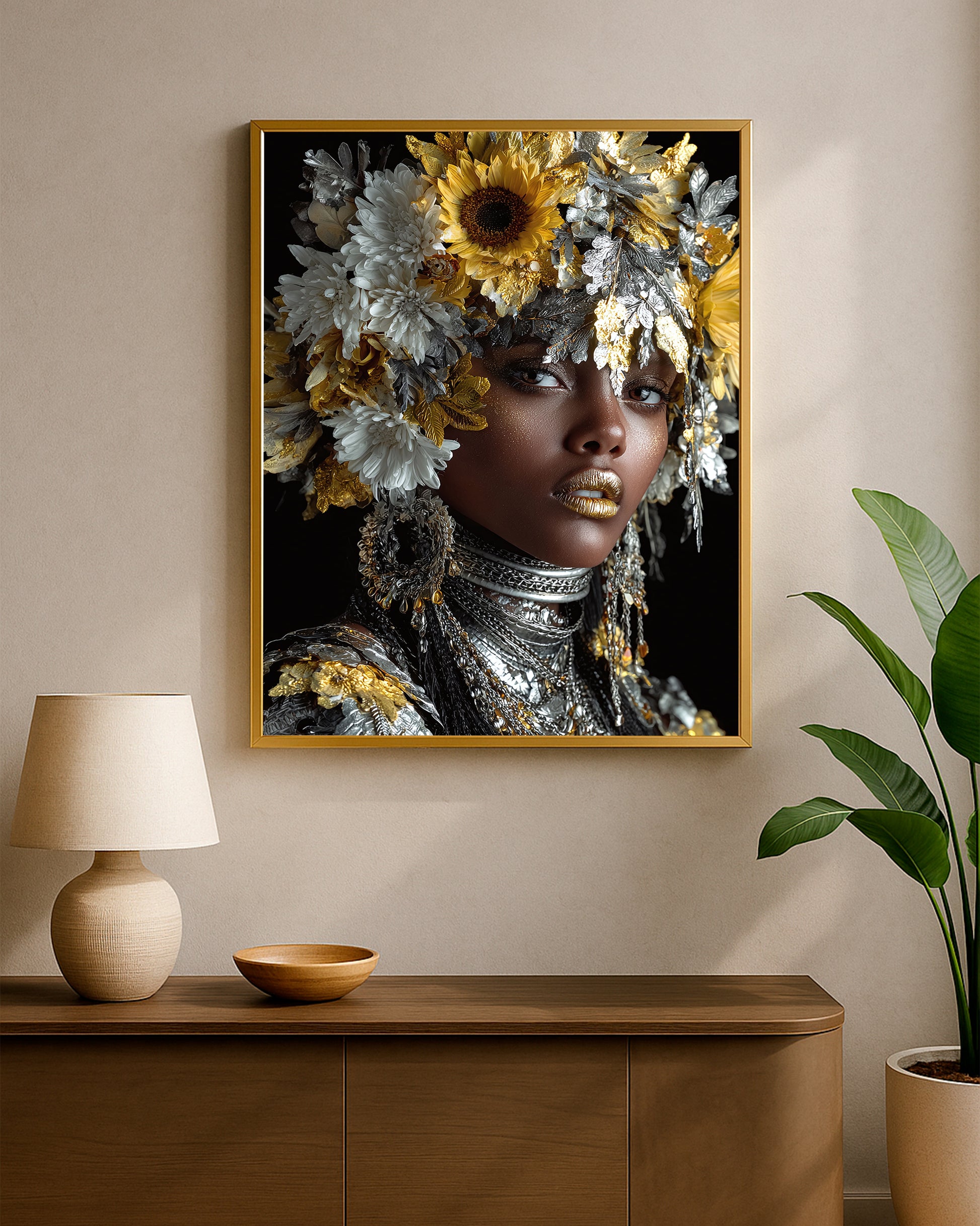 Luxury portrait decor with a woman wearing statement earrings, silver neck jewelry, and a dramatic flower crown in gold and white tones