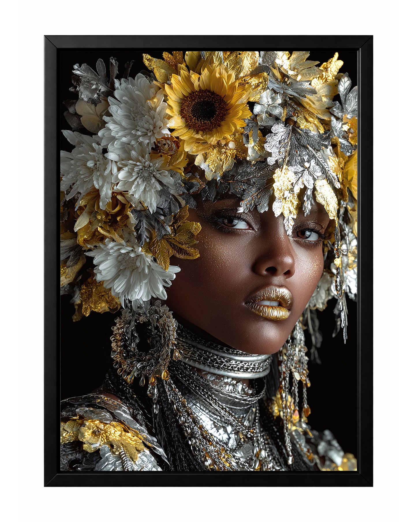 Gold silver floral woman portrait wall art with sunflower blooms, white flowers, metallic leaves, and gold lips against a dark background