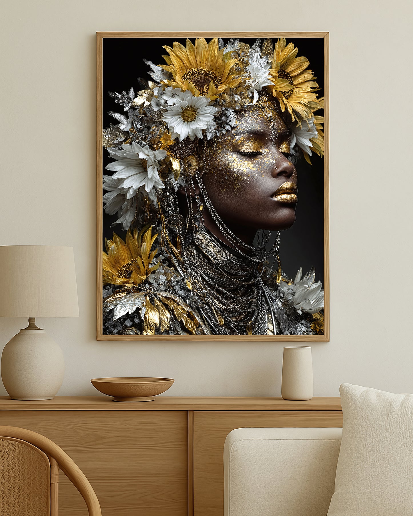 Botanical glam wall art print showing a side-profile woman framed by gold and white flowers against a deep black background
