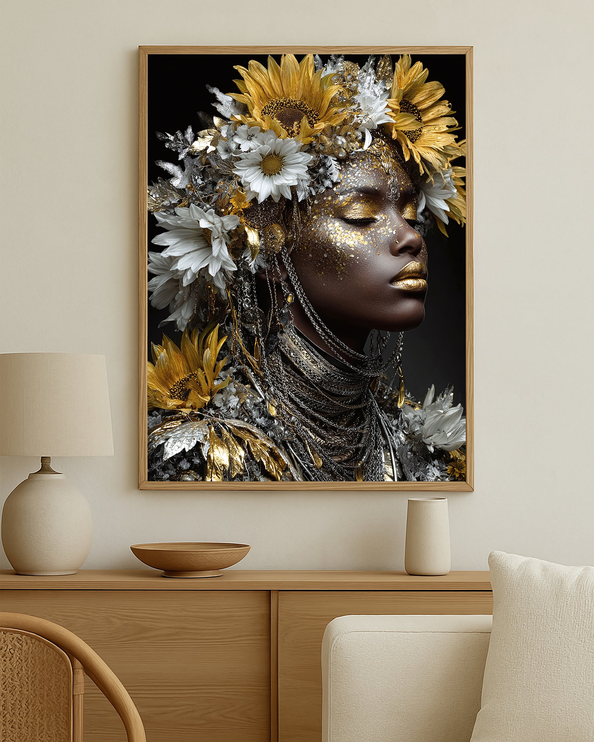 Botanical glam wall art print showing a side-profile woman framed by gold and white flowers against a deep black background