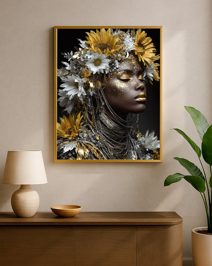 Elegant portrait decor with metallic gold lips, layered neck jewelry, and a dramatic sunflower and blossom arrangement