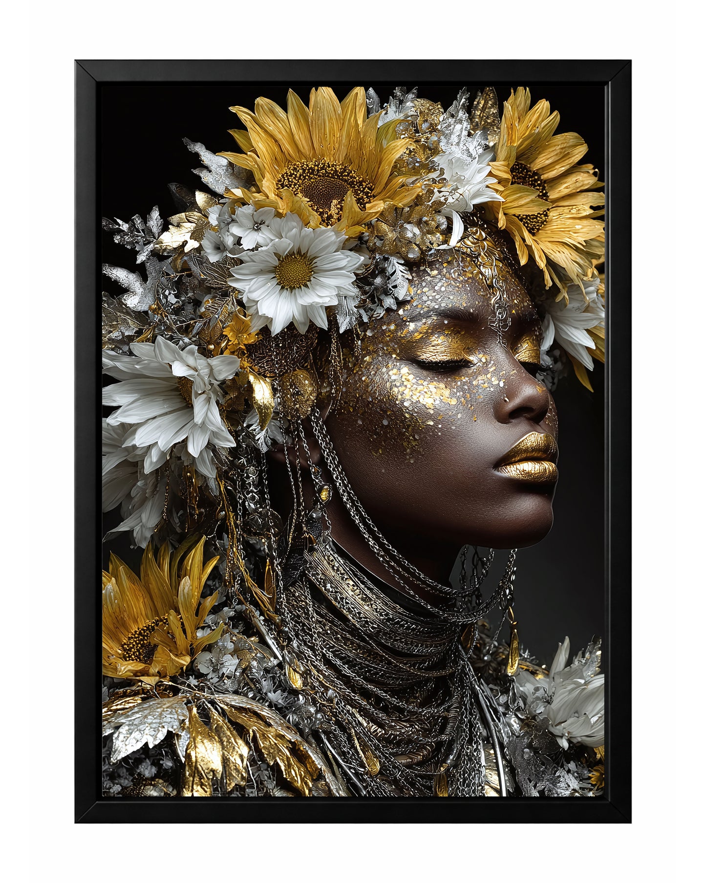 Gold silver sunflower woman portrait wall art with white blooms, metallic floral details, and gold lips in a dramatic side profile